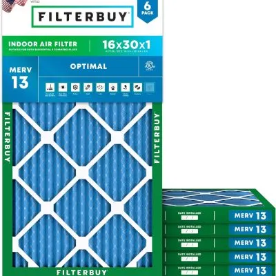 Filterbuy 16x30x1 Air Filter MERV 13 Optimal Defense (6-Pack), Pleated HVAC AC Furnace Air Filters Replacement